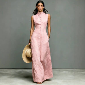Eleanor High-Collar Linen Maxi Dress
